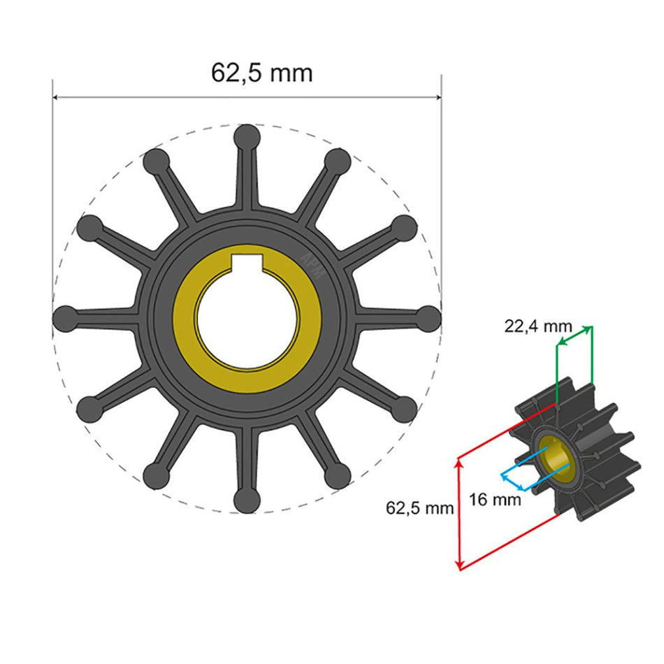 Albin Group Premium Impeller Kit 62.5 x 16 x 22.4mm - 12 Blade - Key Insert - Get Tight Gear