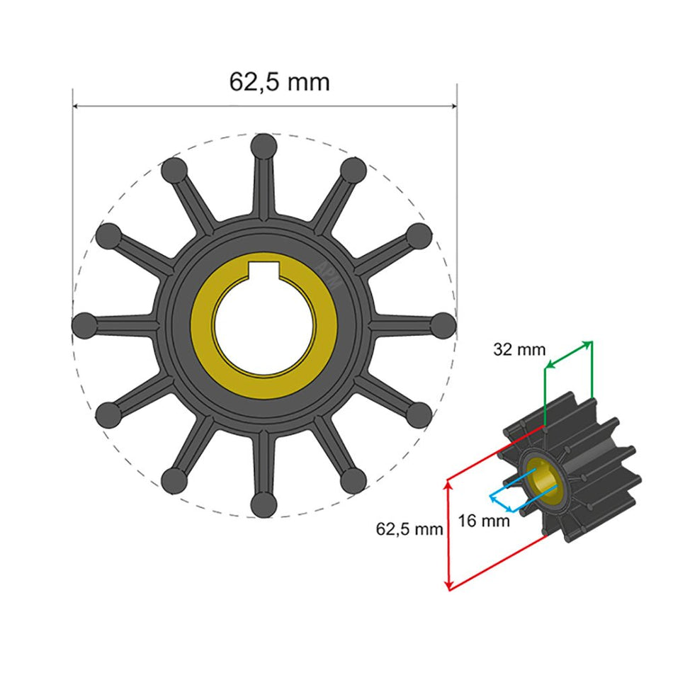 Albin Group Premium Impeller Kit 62.5 x 16 x 32mm - 12 Blade - Key Insert - Get Tight Gear