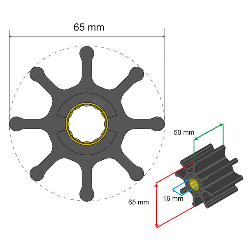 Albin Group Premium Impeller Kit 65 x 16 x 50mm - 8 Blade - Spline Insert - Get Tight Gear