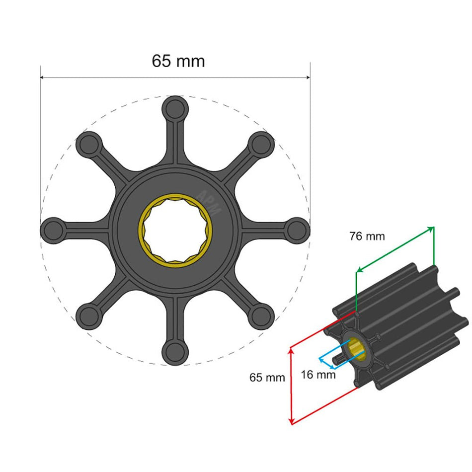Albin Group Premium Impeller Kit 65 x 16 x 76mm - 8 Blade - Spline Insert - Get Tight Gear