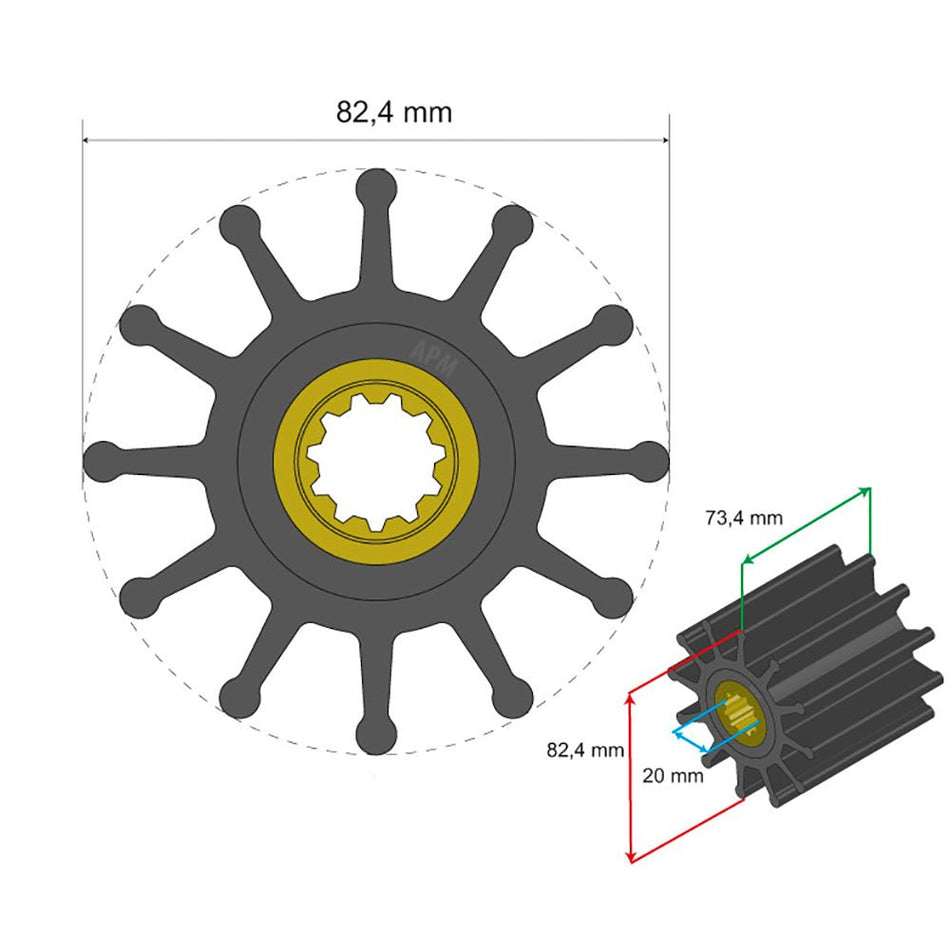 Albin Group Premium Impeller Kit 82.4 x 20 x 73.4mm - 12 Blade - Spline Insert - Get Tight Gear