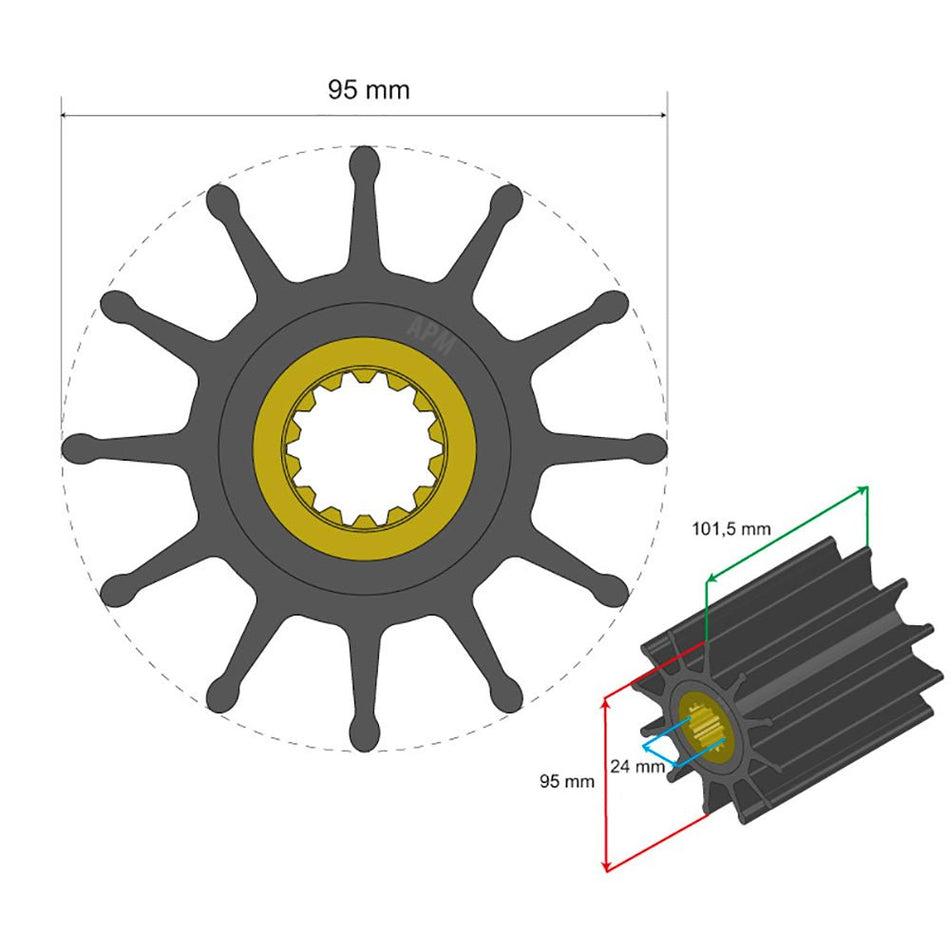 Albin Group Premium Impeller Kit 95 x 24 x 101.5mm - 12 Blade - Spline Insert - Get Tight Gear