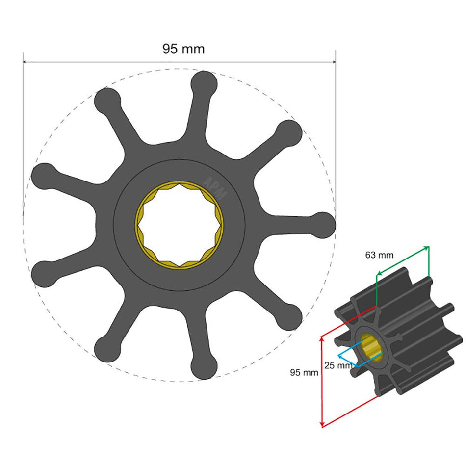 Albin Group Premium Impeller Kit 95 x 25 x 63mm - 9 Blade - Spline Insert - Get Tight Gear