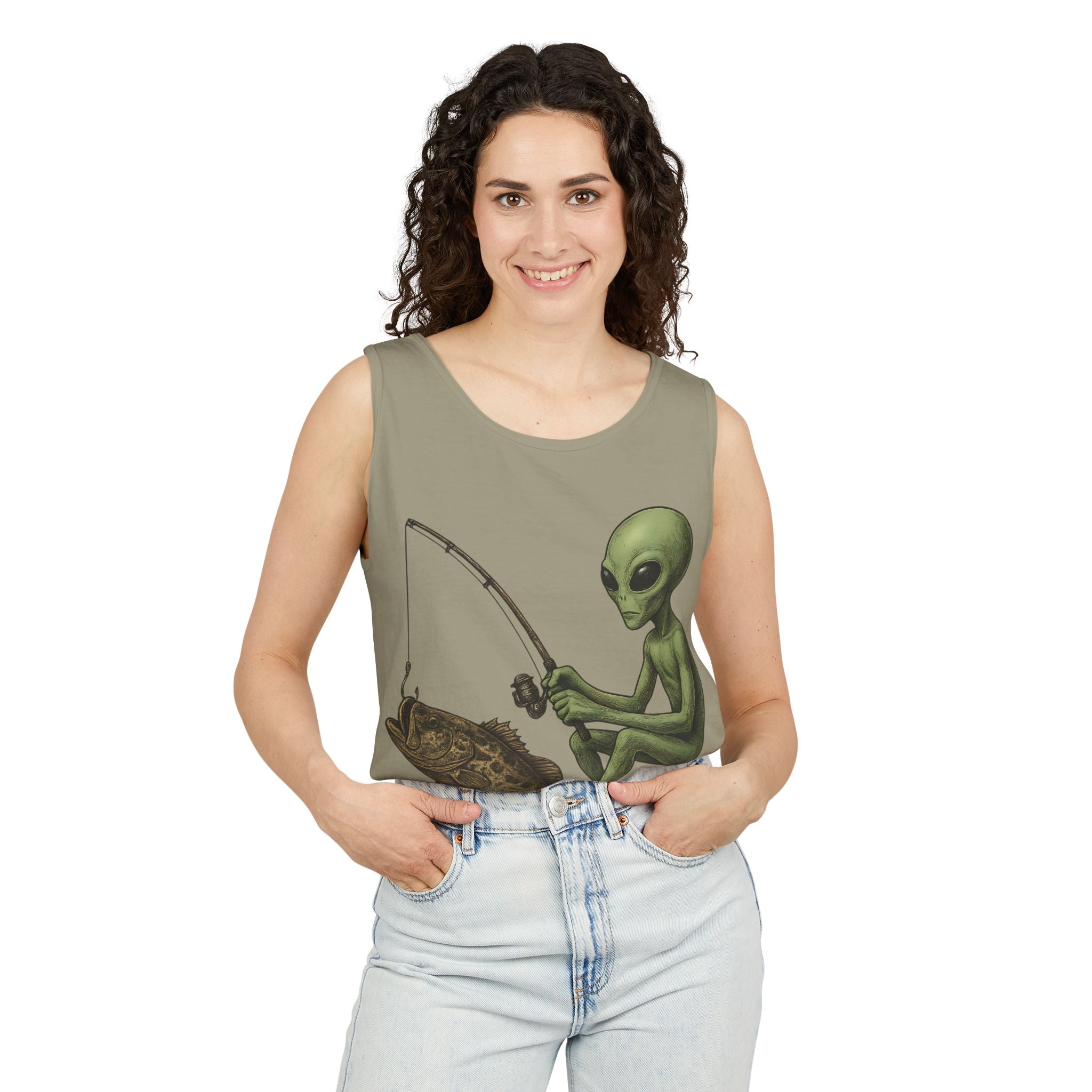 Alien Fishing Tank Top | Unisex Garment - Dyed Sleeveless Tee - Get Tight Gear