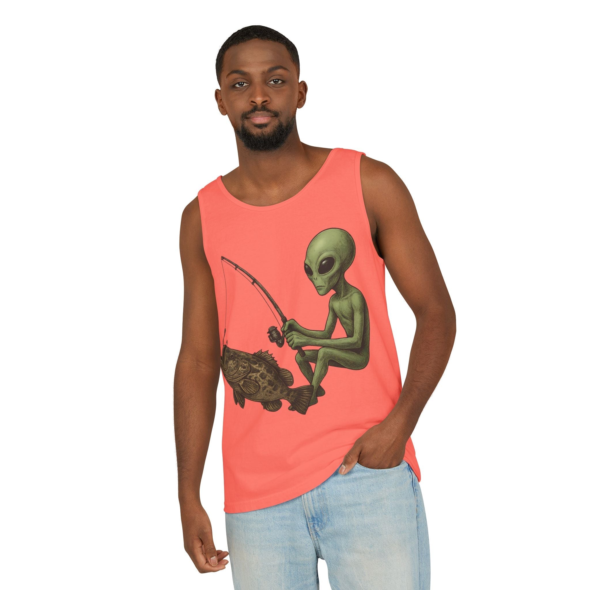 Alien Fishing Tank Top | Unisex Garment - Dyed Sleeveless Tee - Get Tight Gear