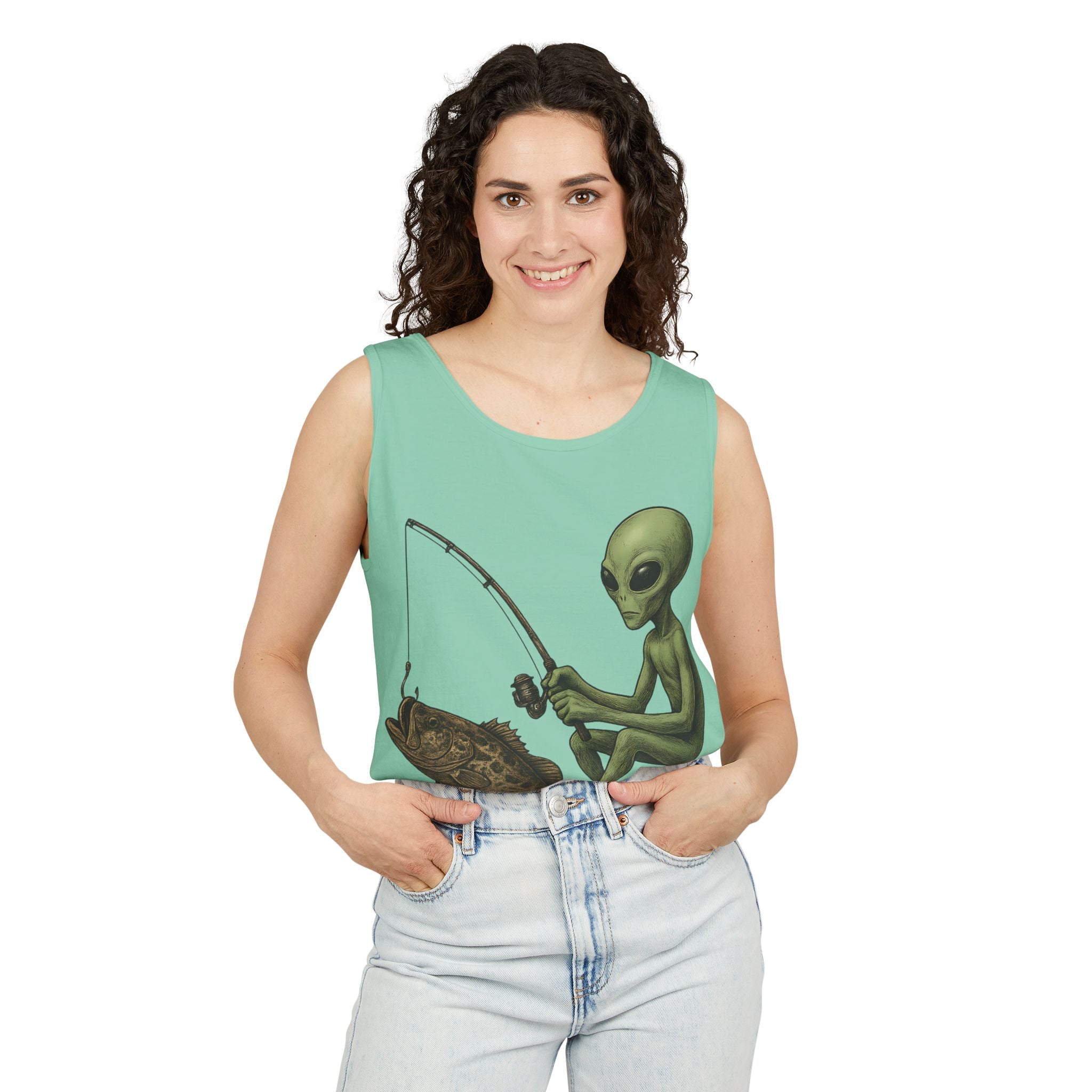 Alien Fishing Tank Top | Unisex Garment - Dyed Sleeveless Tee - Get Tight Gear