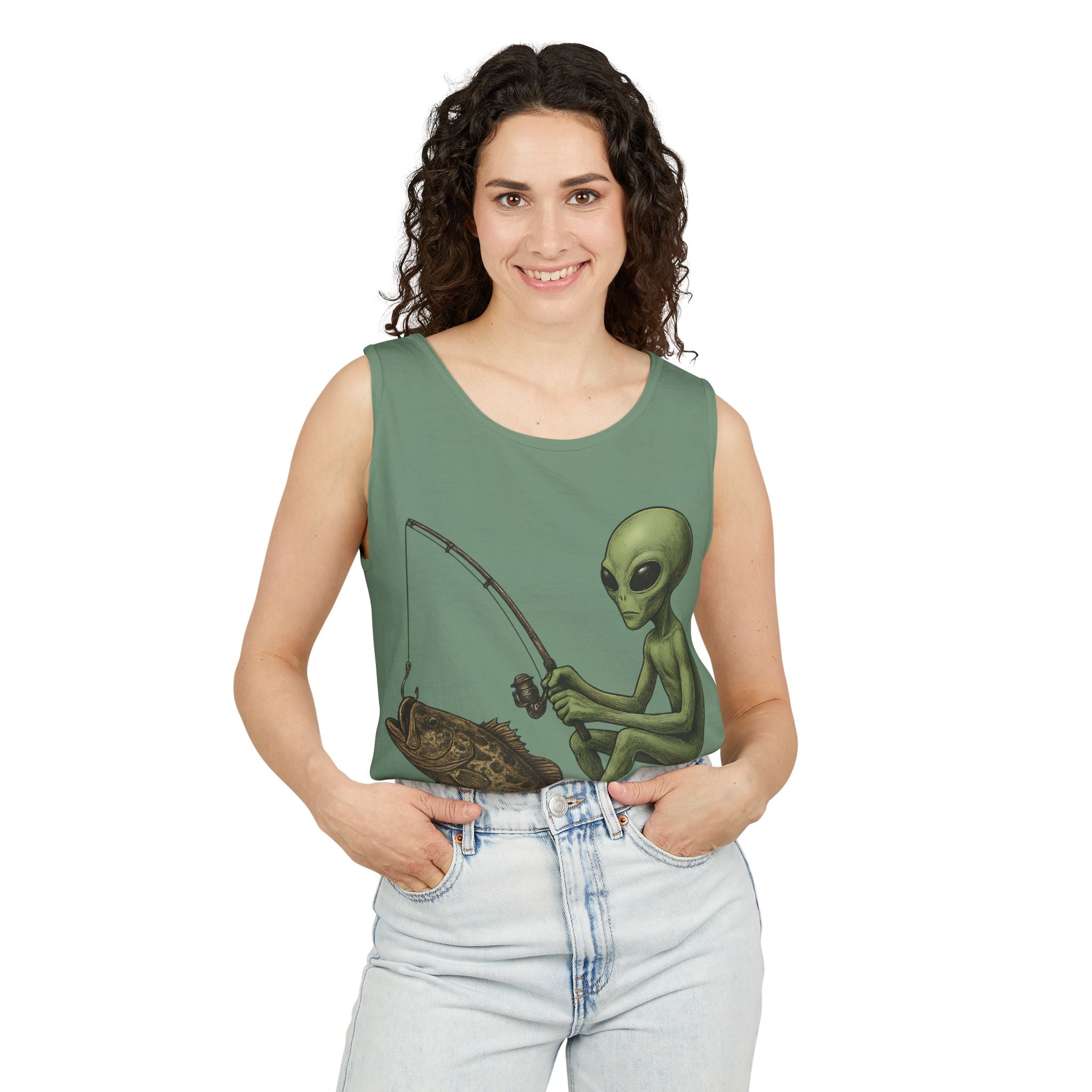 Alien Fishing Tank Top | Unisex Garment - Dyed Sleeveless Tee - Get Tight Gear