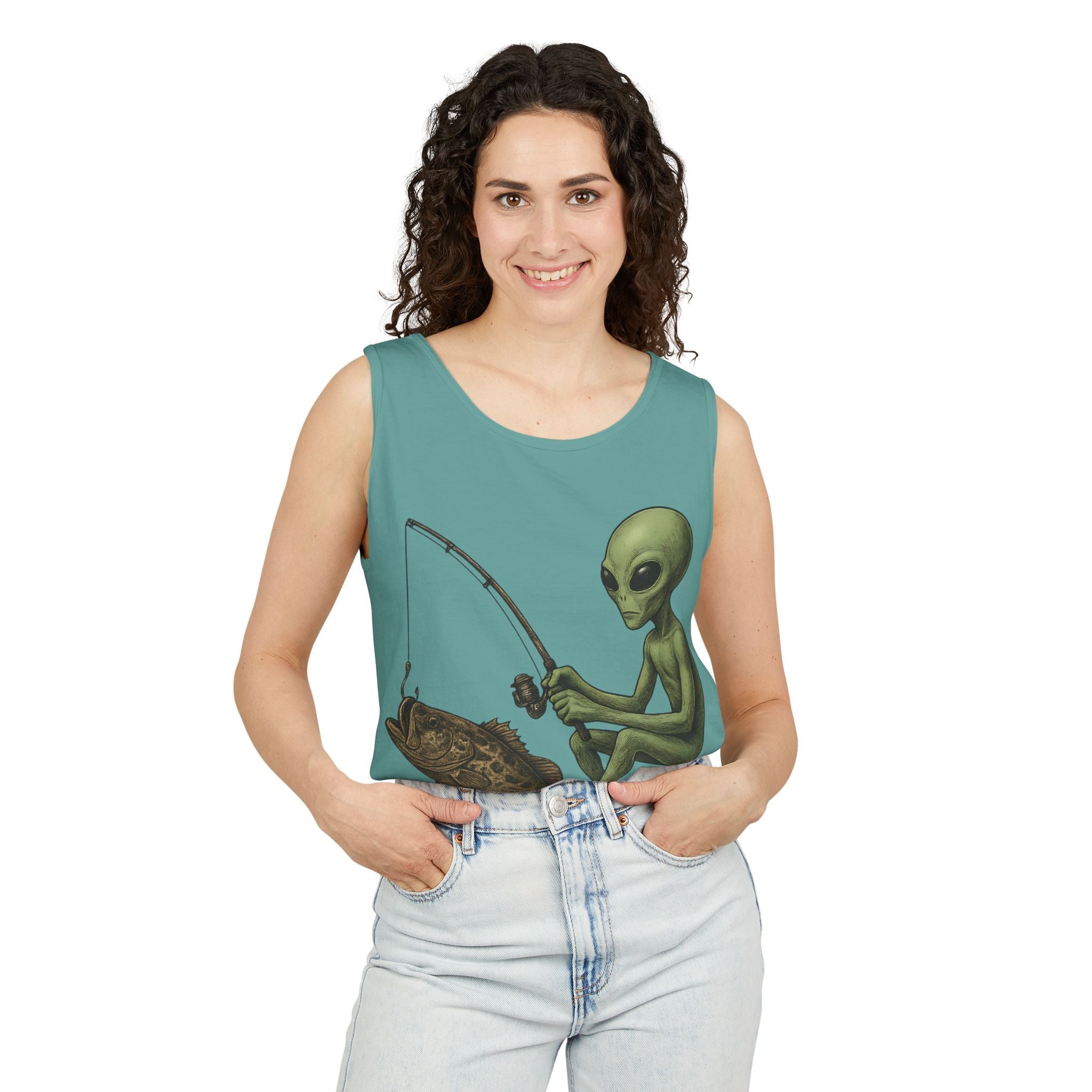 Alien Fishing Tank Top | Unisex Garment - Dyed Sleeveless Tee - Get Tight Gear