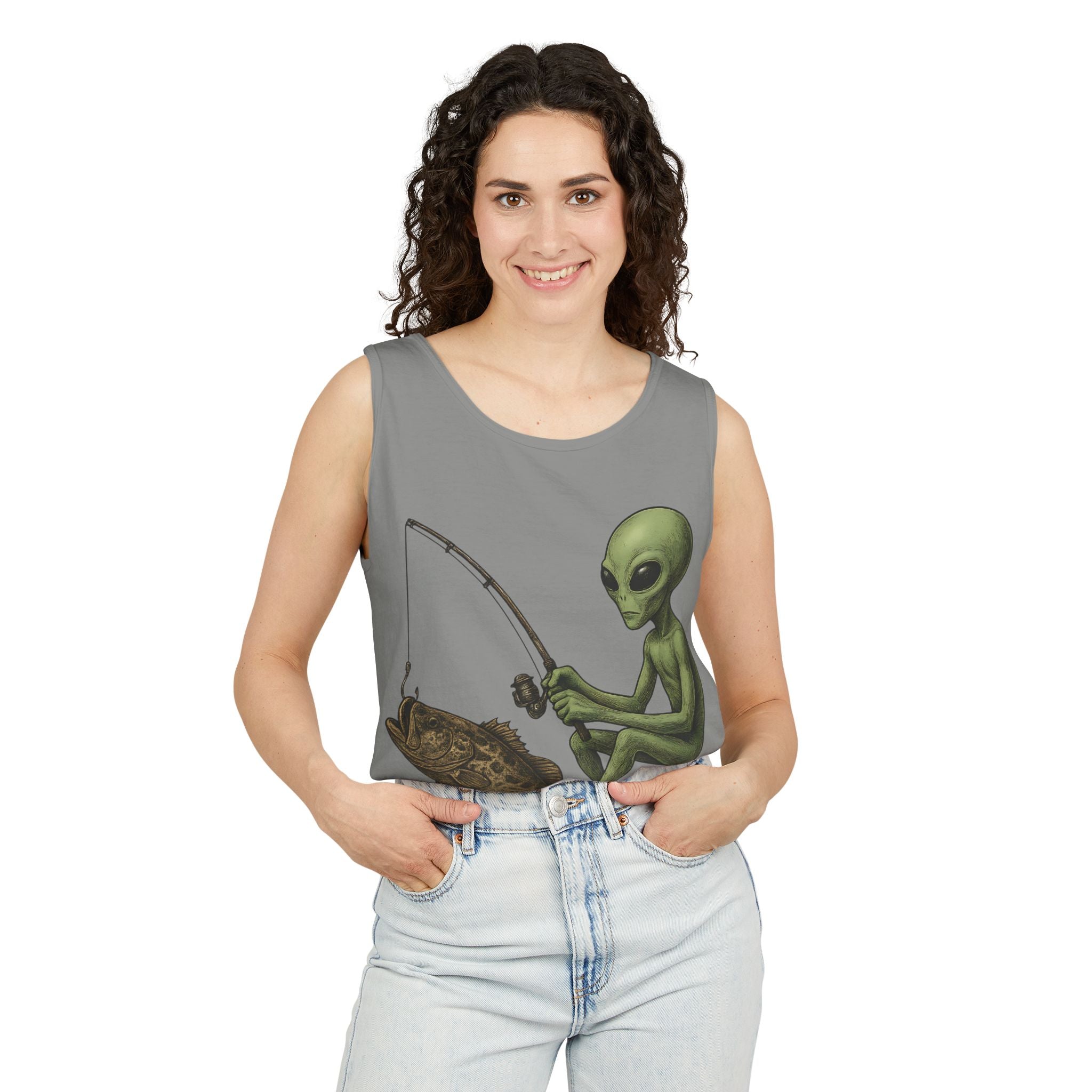 Alien Fishing Tank Top | Unisex Garment - Dyed Sleeveless Tee - Get Tight Gear