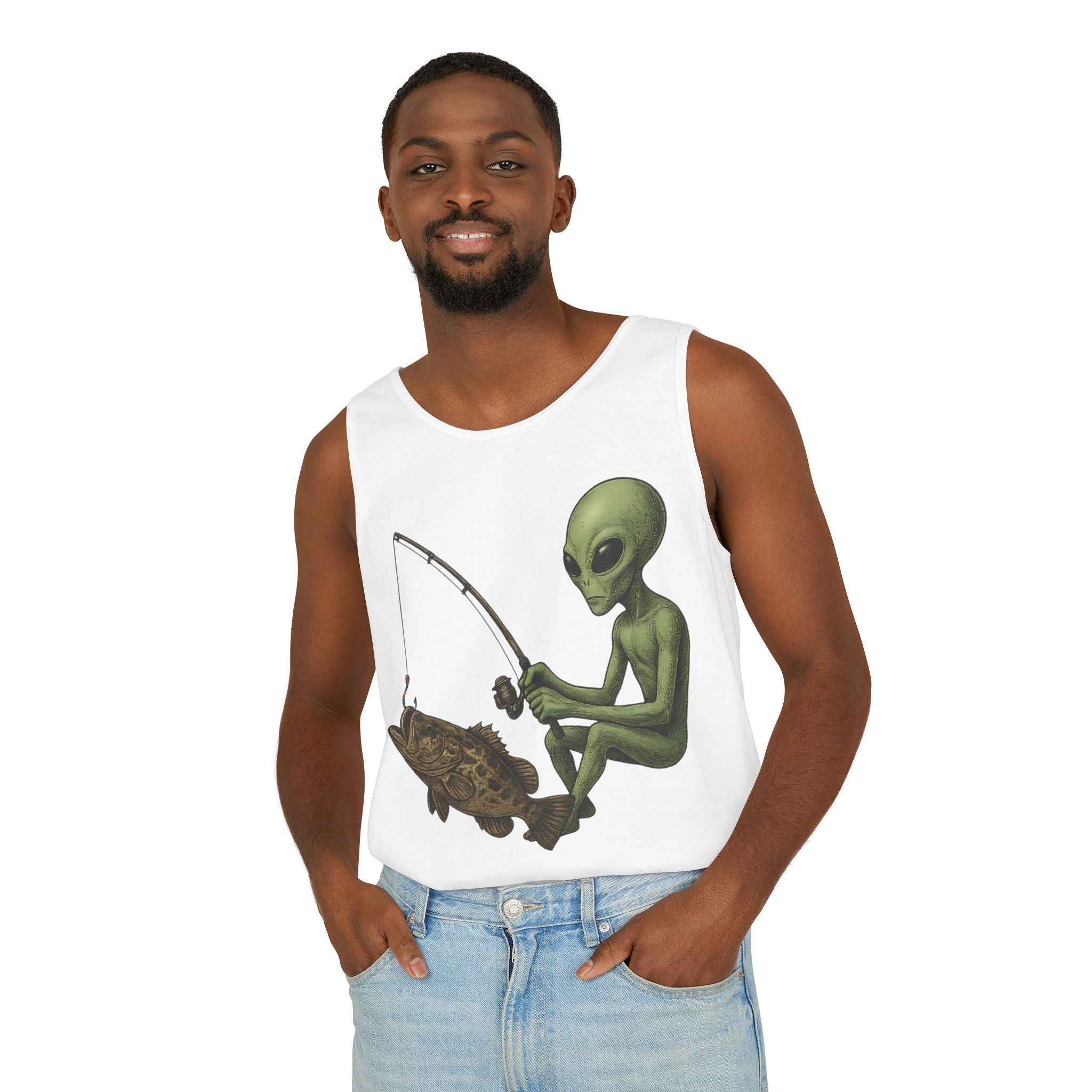 Alien Fishing Tank Top | Unisex Garment - Dyed Sleeveless Tee - Get Tight Gear