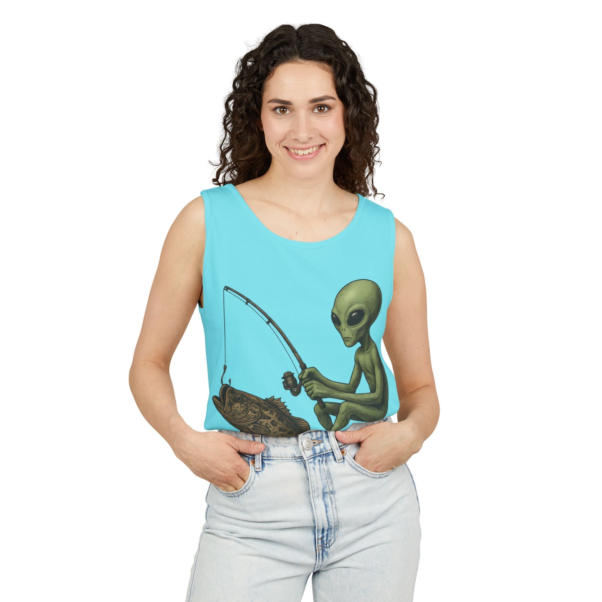 Alien Fishing Tank Top | Unisex Garment - Dyed Sleeveless Tee - Get Tight Gear