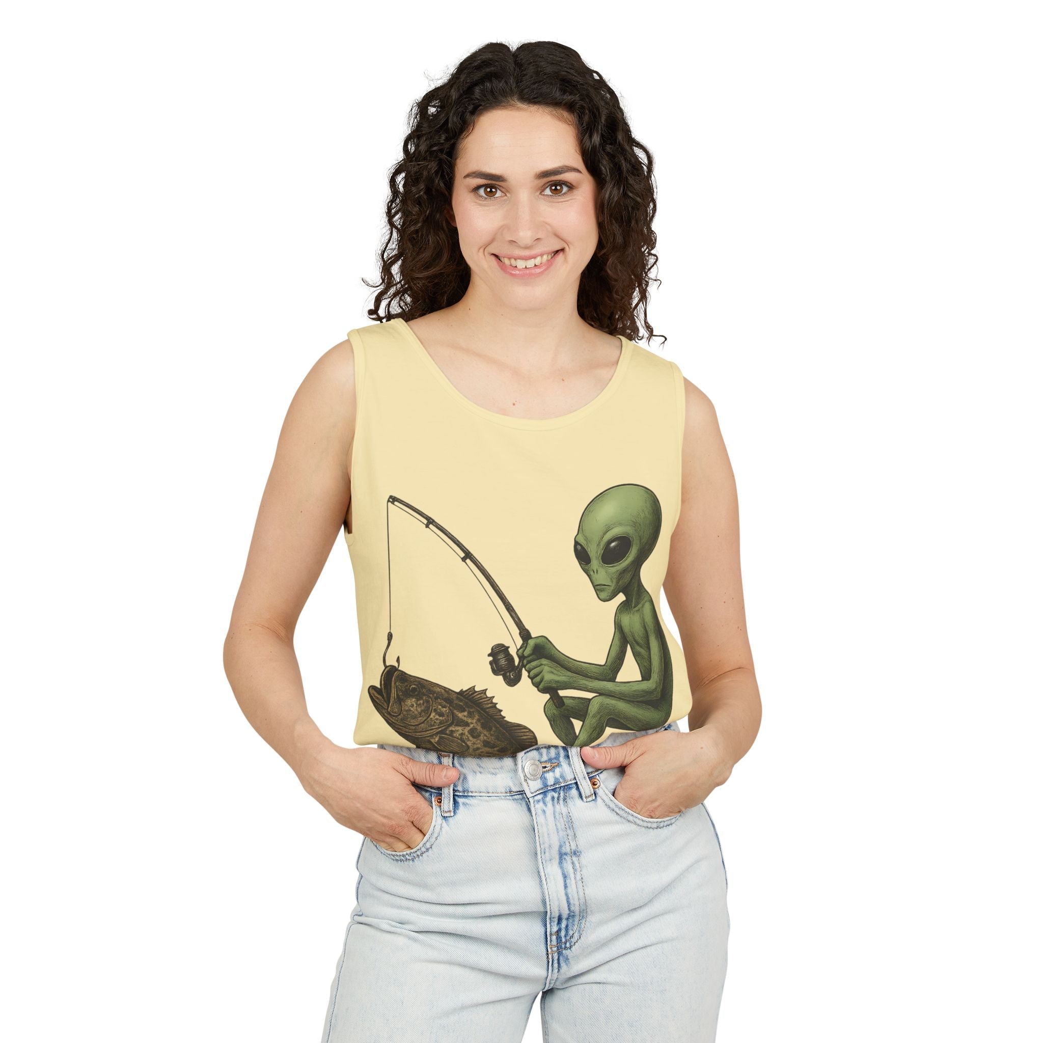 Alien Fishing Tank Top | Unisex Garment - Dyed Sleeveless Tee - Get Tight Gear