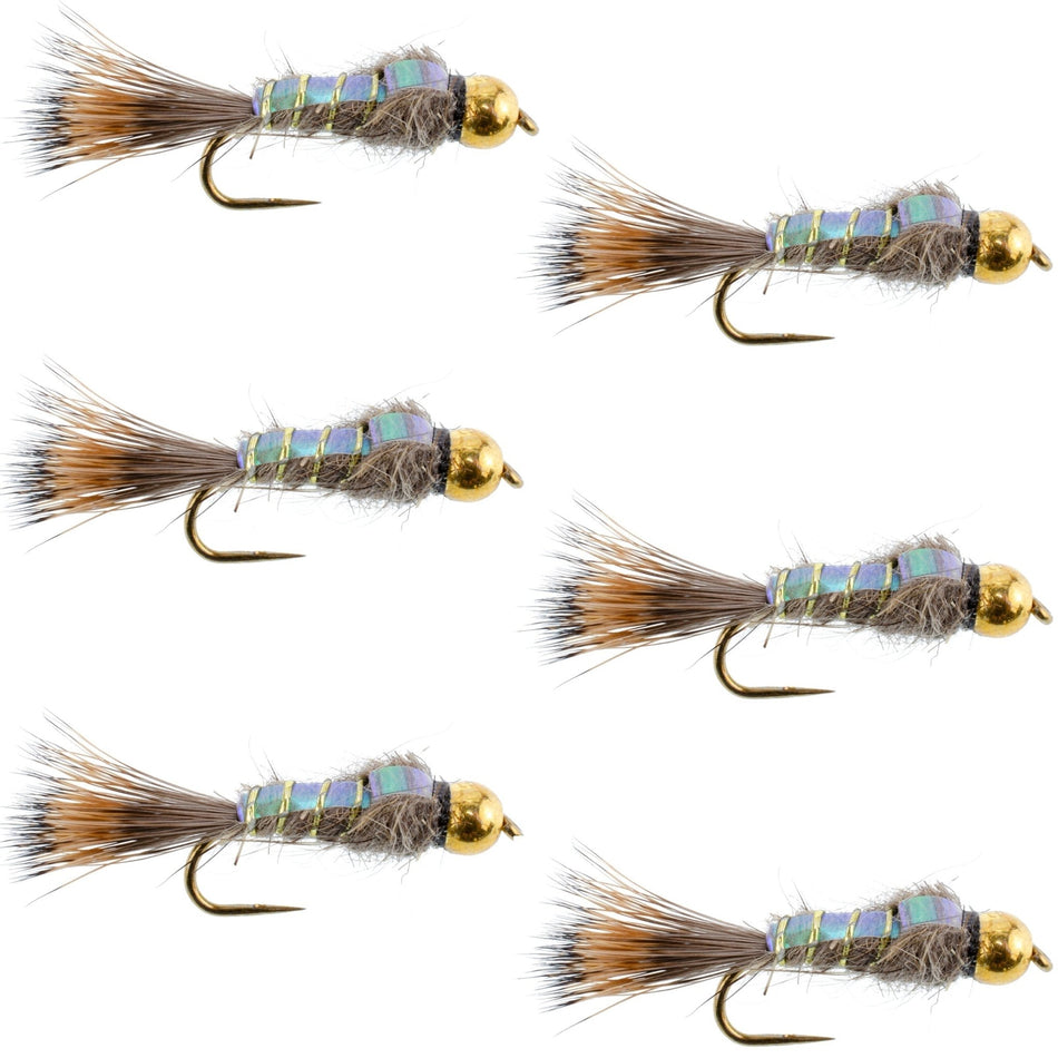 Barbless Bead Head Flash Back Gold Ribbed Hare's Ear Nymph 6 Flies Hook Size 16 - Get Tight Gear