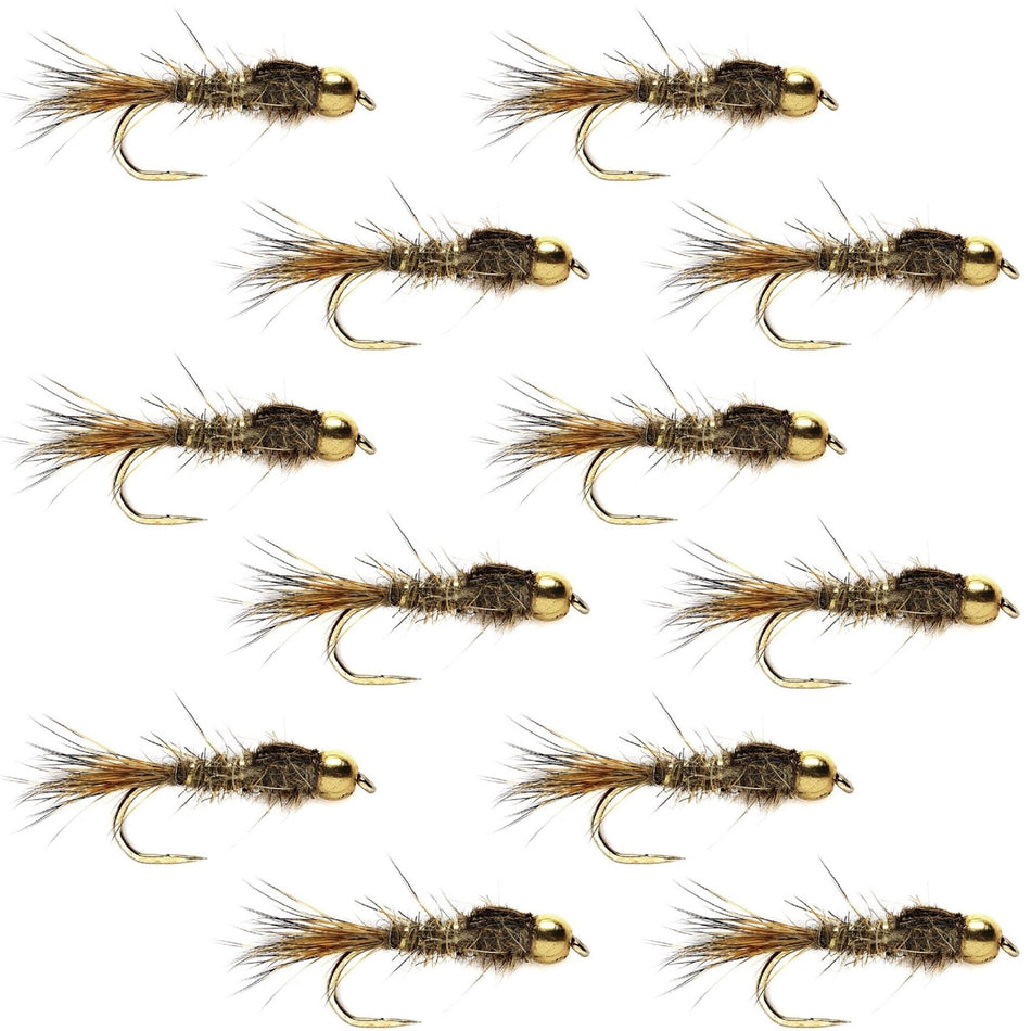 Barbless Bead Head Gold Ribbed Hare's Ear Nymph 1 Dozen Flies Hook Size 14 - Get Tight Gear