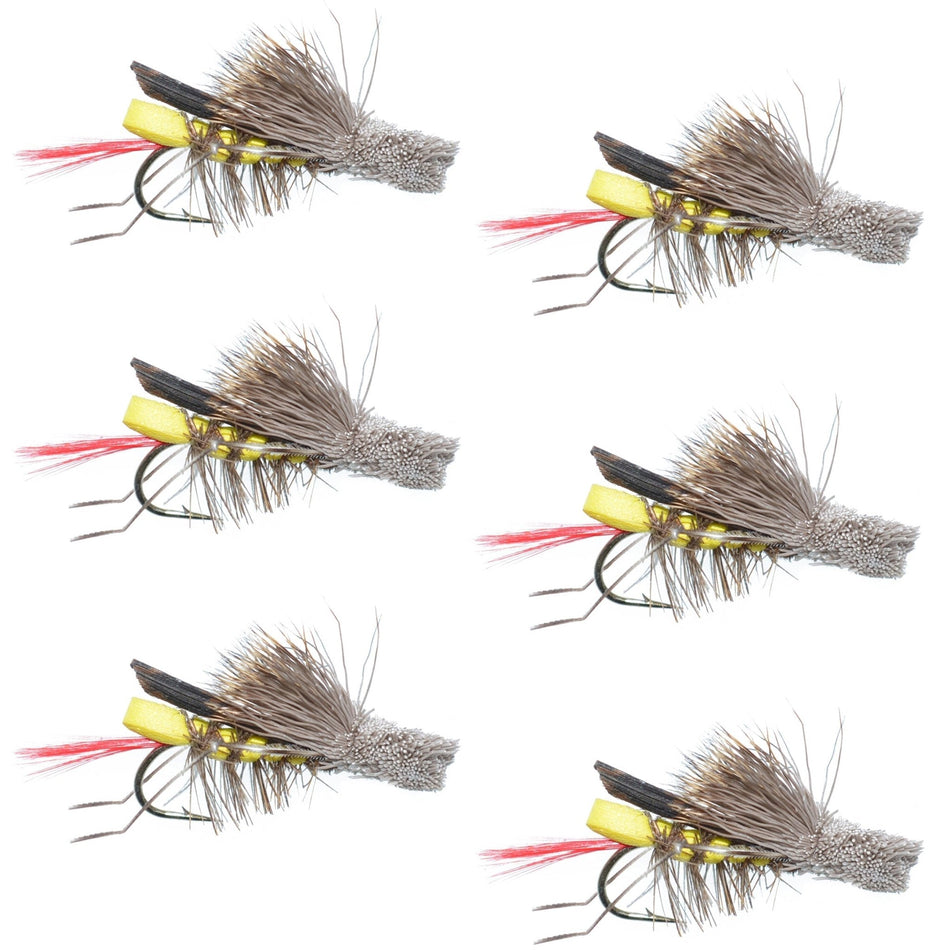 Barbless Dave's Hopper Yellow Foam Body Grasshopper Fly - 6 Flies Hook Size 12 - Get Tight Gear