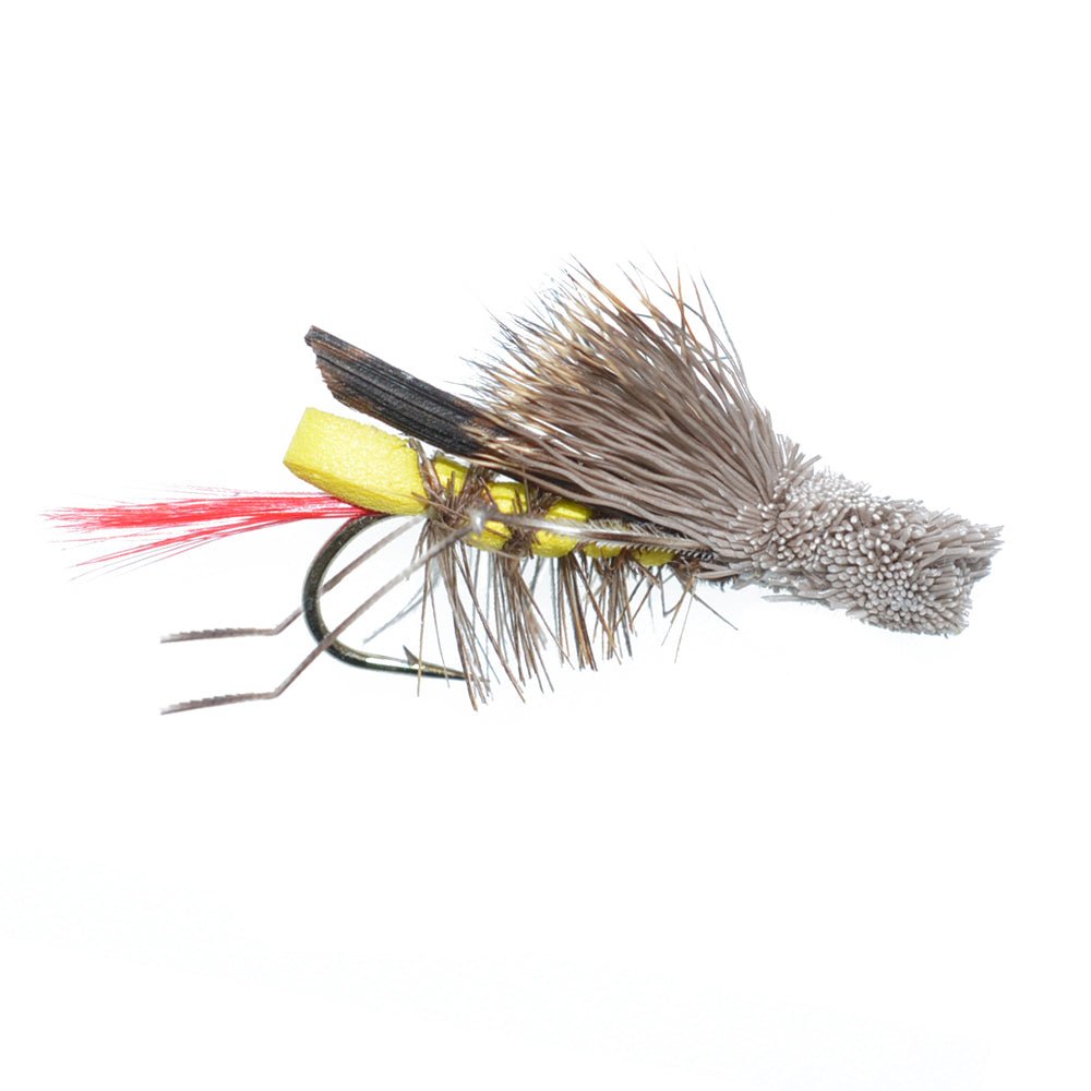 Barbless Dave's Hopper Yellow Foam Body Grasshopper Fly - 6 Flies Hook Size 12 - Get Tight Gear