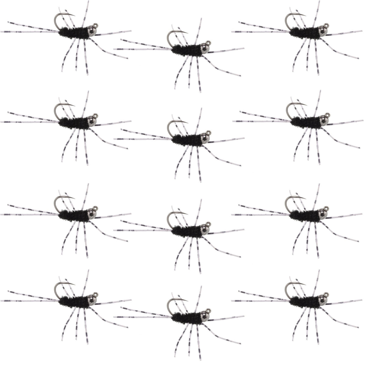 Barbless Pat's Barred Rubber Legs Tungsten Bead Jigged Black Euro Nymph - Set of 12 Flies Hook Size 6 - Get Tight Gear