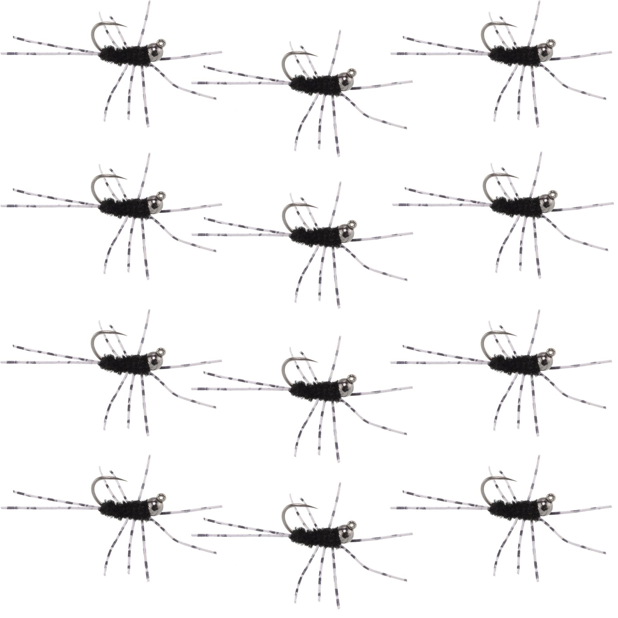 Barbless Pat's Barred Rubber Legs Tungsten Bead Jigged Black Euro Nymph - Set of 12 Flies Hook Size 6 - Get Tight Gear