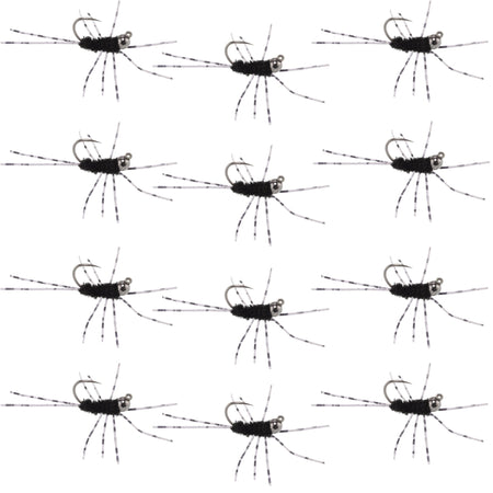 Barbless Pat's Barred Rubber Legs Tungsten Bead Jigged Black Euro Nymph - Set of 12 Flies Hook Size 6 - Get Tight Gear