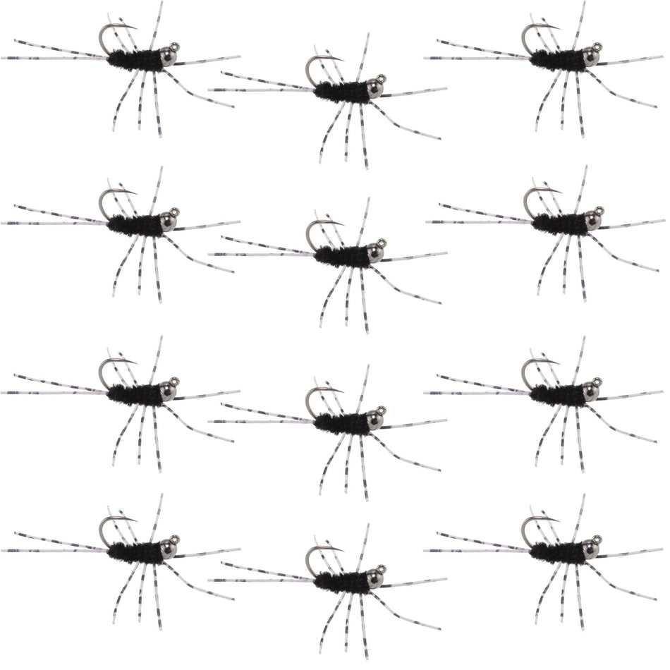 Barbless Pat's Barred Rubber Legs Tungsten Bead Jigged Black Euro Nymph - Set of 12 Flies Hook Size 6 - Get Tight Gear