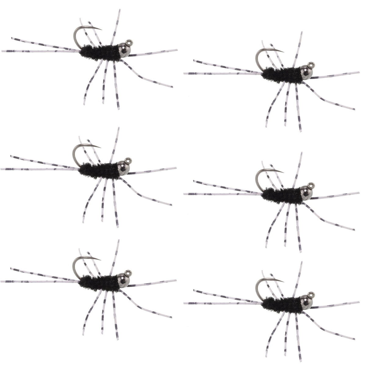 Barbless Pat's Barred Rubber Legs Tungsten Bead Jigged Black Euro Nymph - Set of 6 Flies Hook Size 6 - Get Tight Gear
