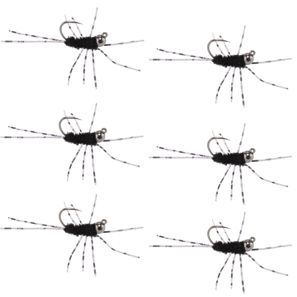 Barbless Pat's Barred Rubber Legs Tungsten Bead Jigged Black Euro Nymph - Set of 6 Flies Hook Size 6 - Get Tight Gear