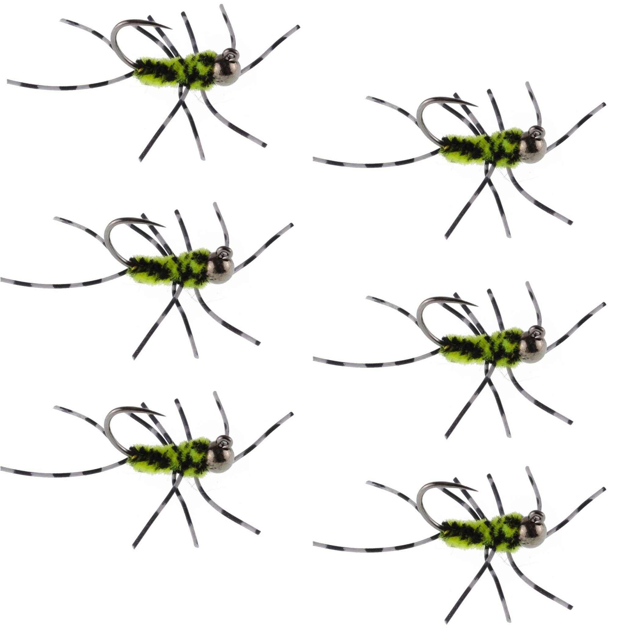 Barbless Pat's Barred Rubber Legs Tungsten Bead Jigged Black/Chartreuse Euro Nymph - Set of 6 Flies Hook Size 6 - Get Tight Gear