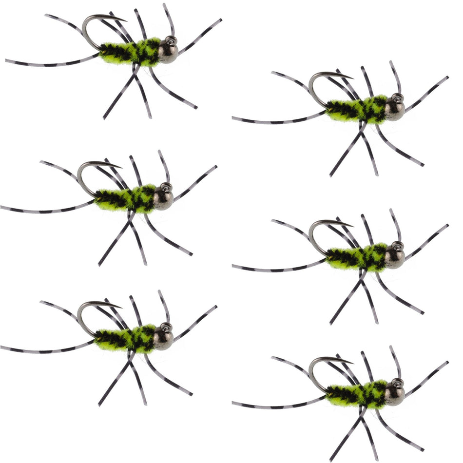 Barbless Pat's Barred Rubber Legs Tungsten Bead Jigged Black/Chartreuse Euro Nymph - Set of 6 Flies Hook Size 6 - Get Tight Gear