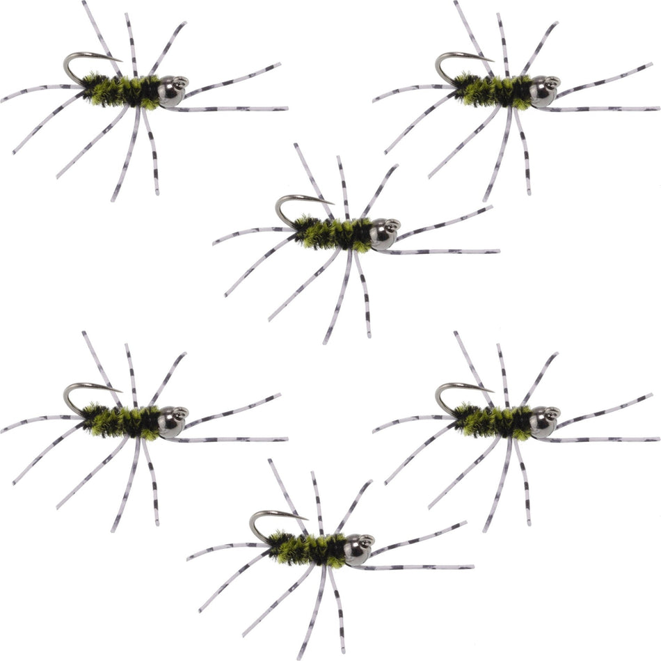 Barbless Pat's Barred Rubber Legs Tungsten Bead Jigged Black/Olive Euro Nymph - Set of 6 Flies Hook Size 6 - Get Tight Gear