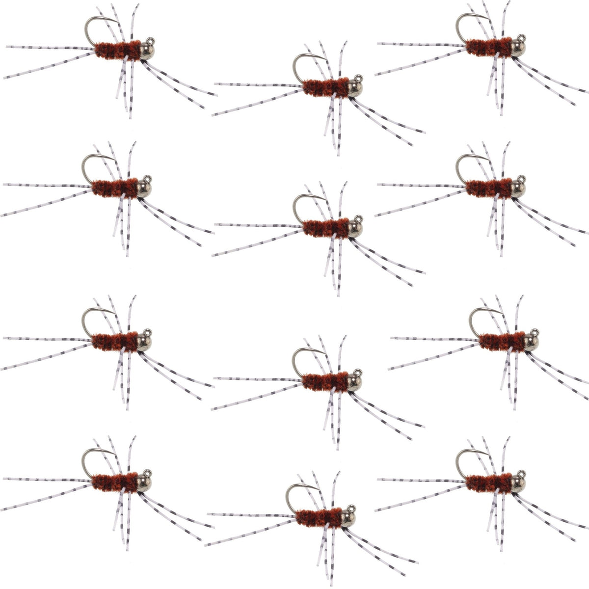 Barbless Pat's Barred Rubber Legs Tungsten Bead Jigged Brown Euro Nymph - Set of 12 Flies Hook Size 6 - Get Tight Gear