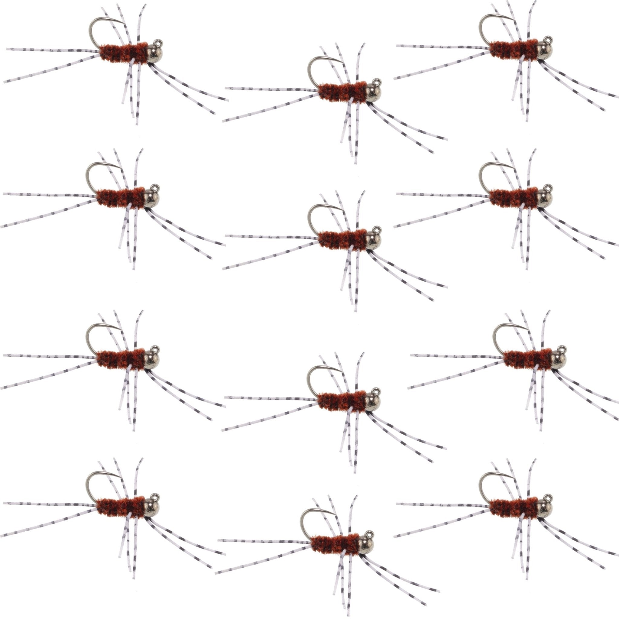 Barbless Pat's Barred Rubber Legs Tungsten Bead Jigged Brown Euro Nymph - Set of 12 Flies Hook Size 6 - Get Tight Gear