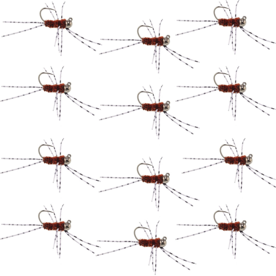 Barbless Pat's Barred Rubber Legs Tungsten Bead Jigged Brown Euro Nymph - Set of 12 Flies Hook Size 6 - Get Tight Gear