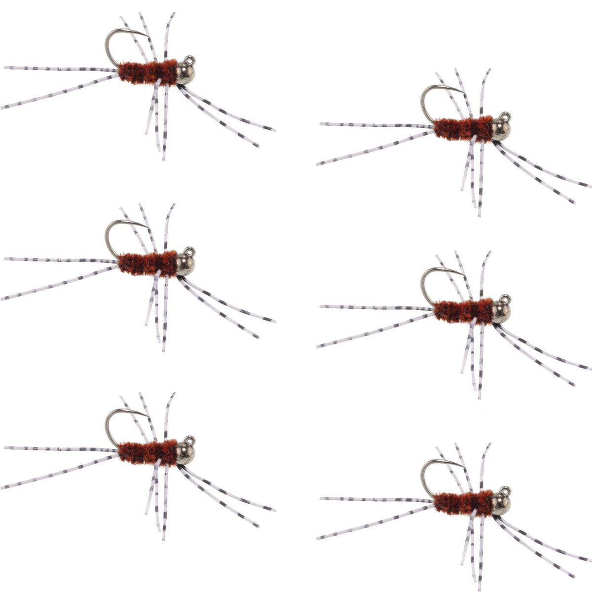 Barbless Pat's Barred Rubber Legs Tungsten Bead Jigged Brown Euro Nymph - Set of 6 Flies Hook Size 6 - Get Tight Gear