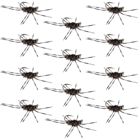 Barbless Pat's Barred Rubber Legs Tungsten Bead Jigged Coffee/Black Euro Nymph - Set of 12 Flies Hook Size 6 - Get Tight Gear