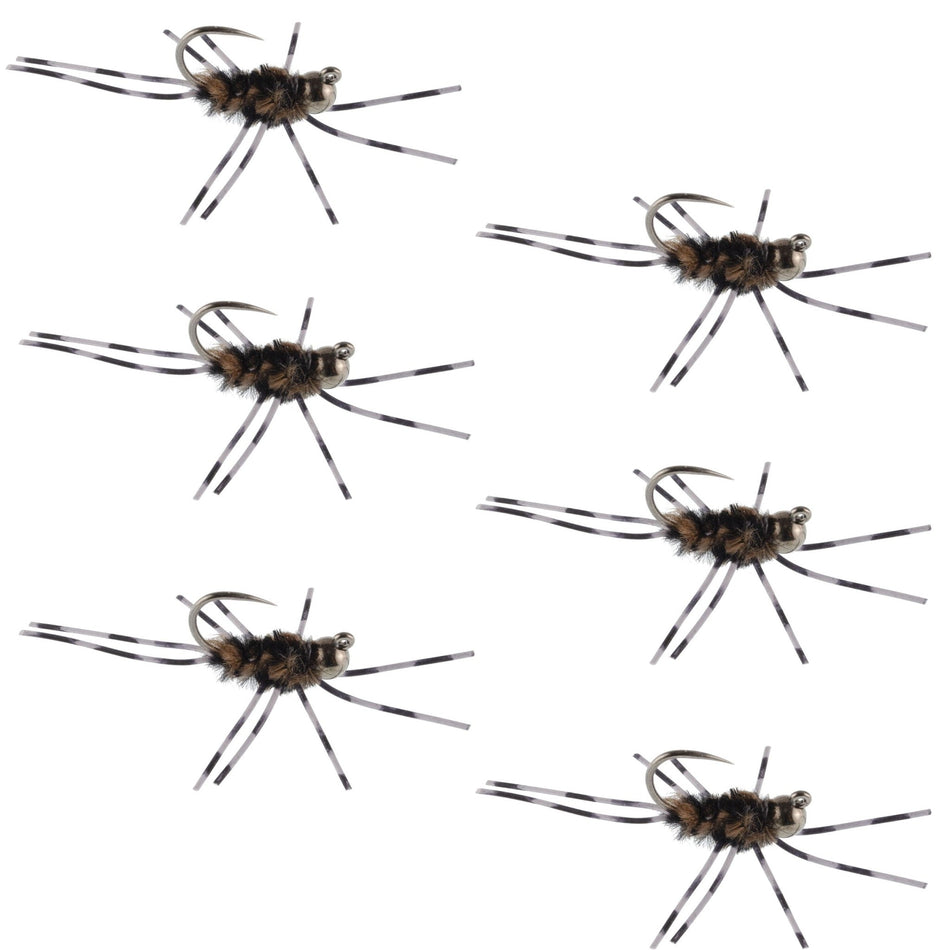 Barbless Pat's Barred Rubber Legs Tungsten Bead Jigged Coffee/Black Euro Nymph - Set of 6 Flies Hook Size 6 - Get Tight Gear