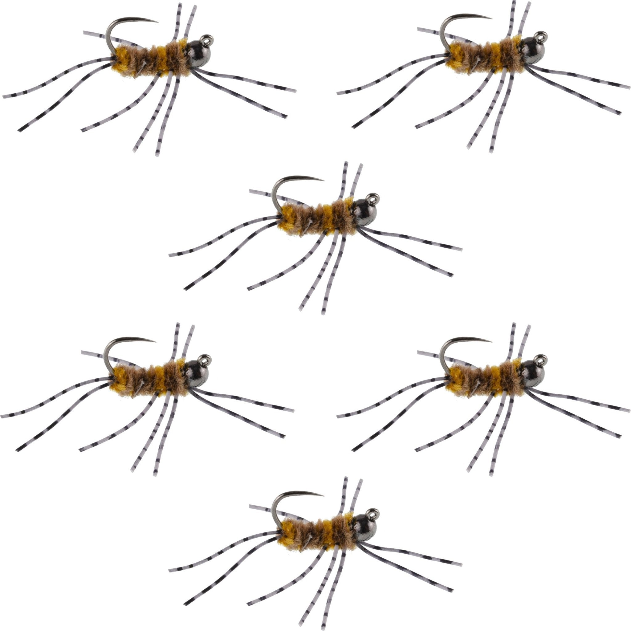 Barbless Pat's Barred Rubber Legs Tungsten Bead Jigged Coffee/Tan Euro Nymph - Set of 6 Flies Hook Size 6 - Get Tight Gear