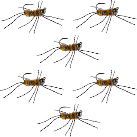 Barbless Pat's Barred Rubber Legs Tungsten Bead Jigged Coffee/Tan Euro Nymph - Set of 6 Flies Hook Size 6 - Get Tight Gear