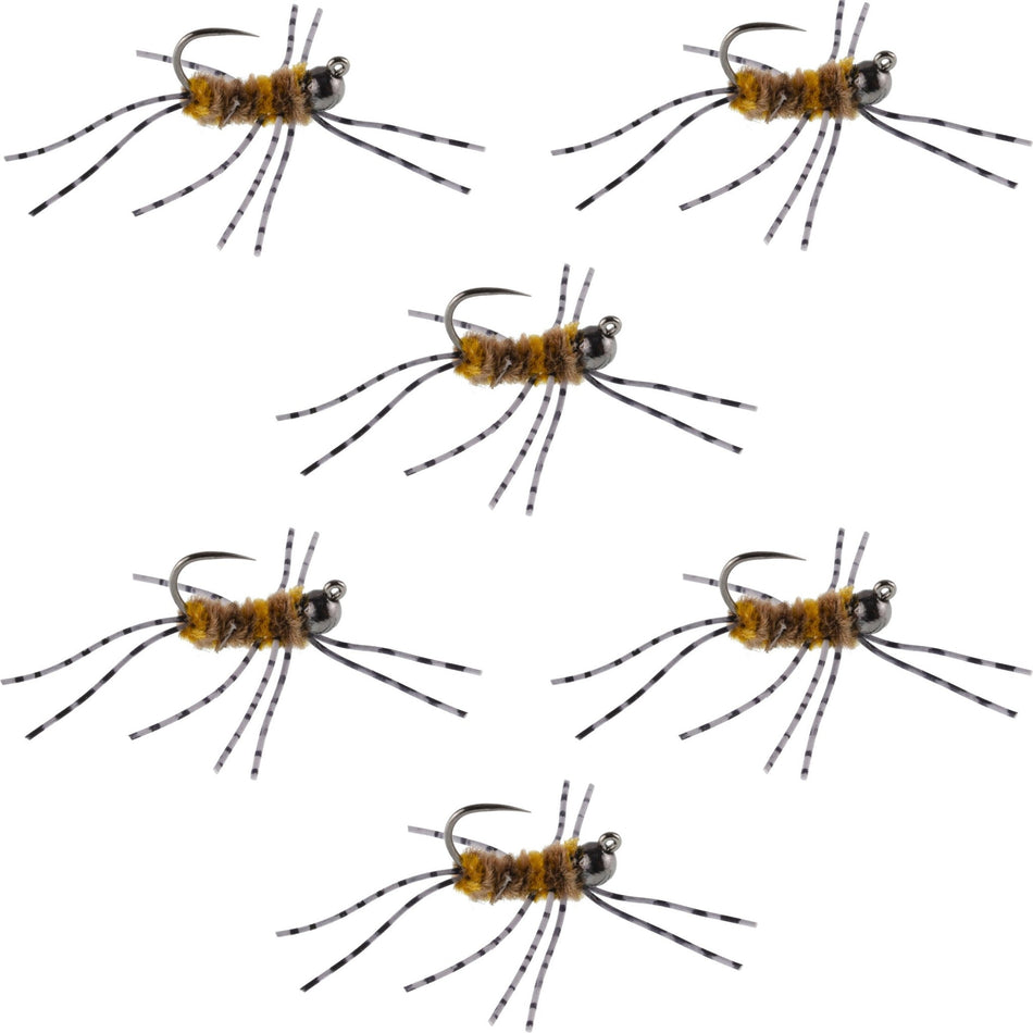 Barbless Pat's Barred Rubber Legs Tungsten Bead Jigged Coffee/Tan Euro Nymph - Set of 6 Flies Hook Size 6 - Get Tight Gear