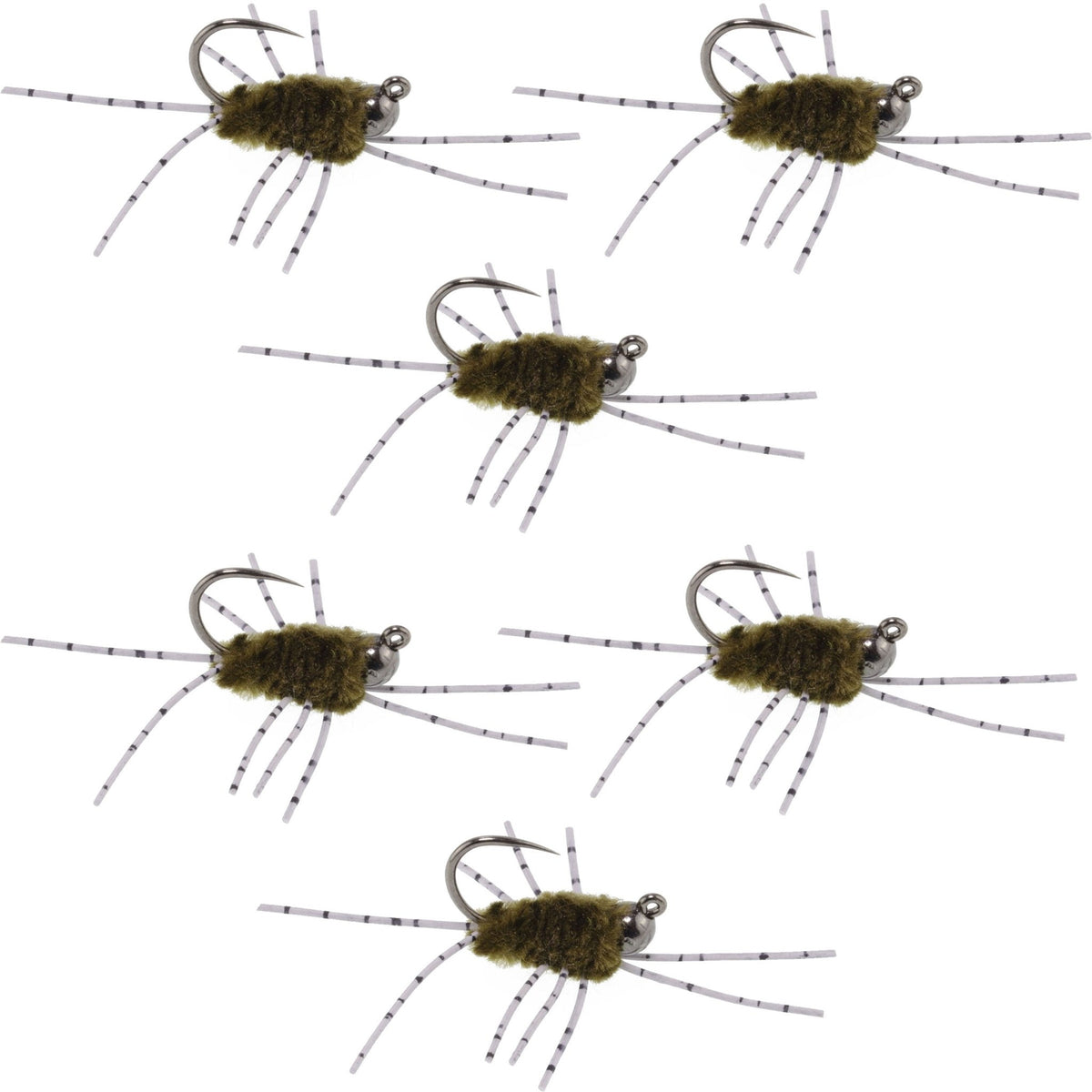 Barbless Pat's Barred Rubber Legs Tungsten Bead Jigged Dark Olive Euro Nymph - Set of 6 Flies Hook Size 6 - Get Tight Gear