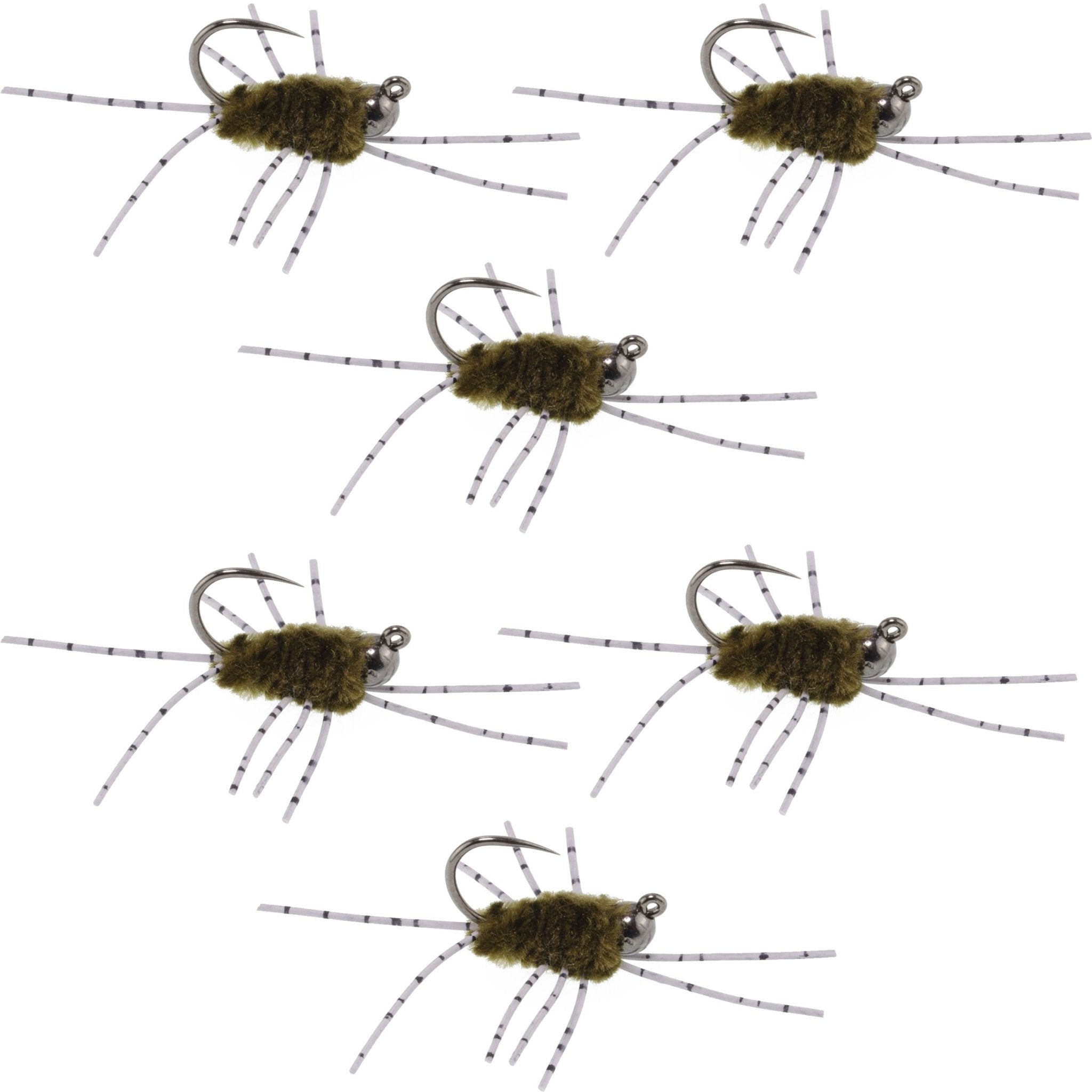 Barbless Pat's Barred Rubber Legs Tungsten Bead Jigged Dark Olive Euro Nymph - Set of 6 Flies Hook Size 6 - Get Tight Gear