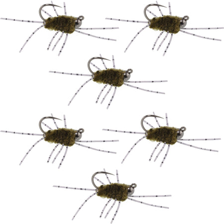 Barbless Pat's Barred Rubber Legs Tungsten Bead Jigged Dark Olive Euro Nymph - Set of 6 Flies Hook Size 6 - Get Tight Gear