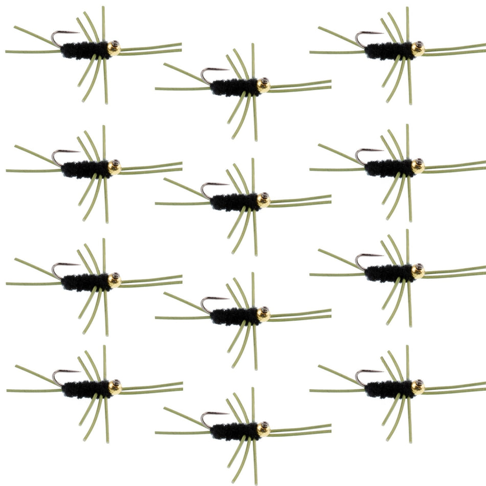 Barbless Pat's Rubber Legs Tungsten Bead Jigged Black Euro Nymph - Set of 12 Flies Hook Size 10 - Get Tight Gear