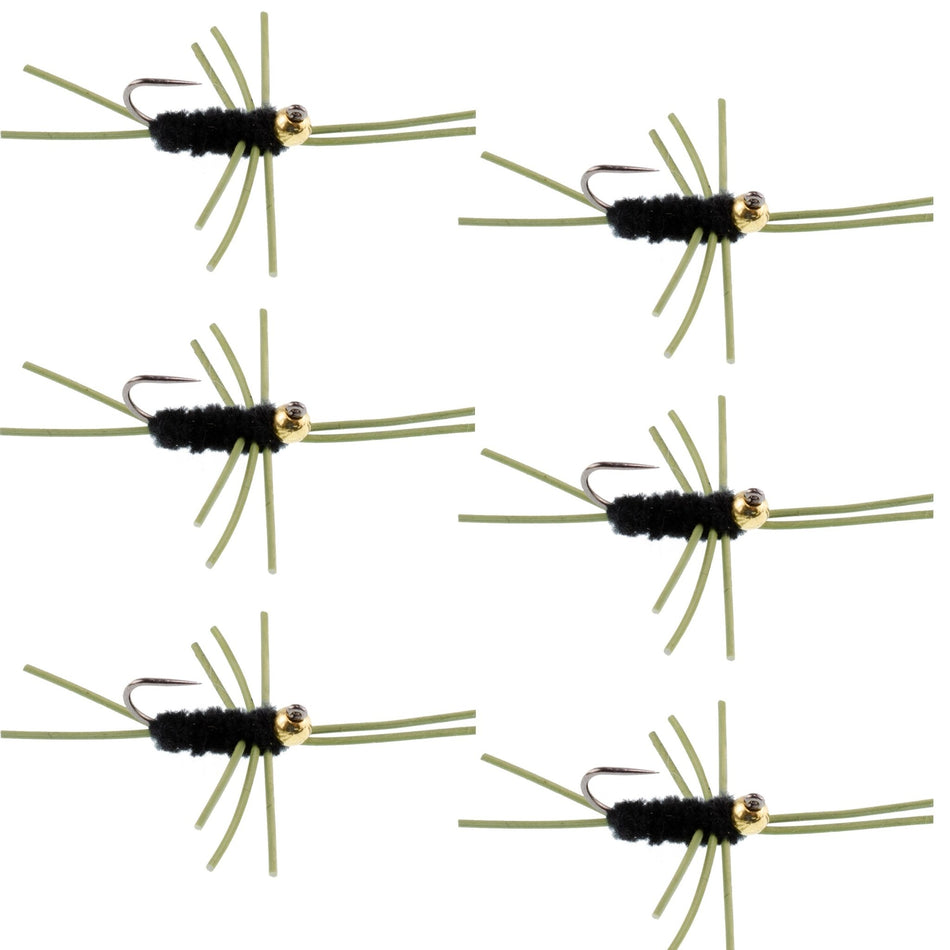 Barbless Pat's Rubber Legs Tungsten Bead Jigged Black Euro Nymph - Set of 6 Flies Hook Size 10 - Get Tight Gear