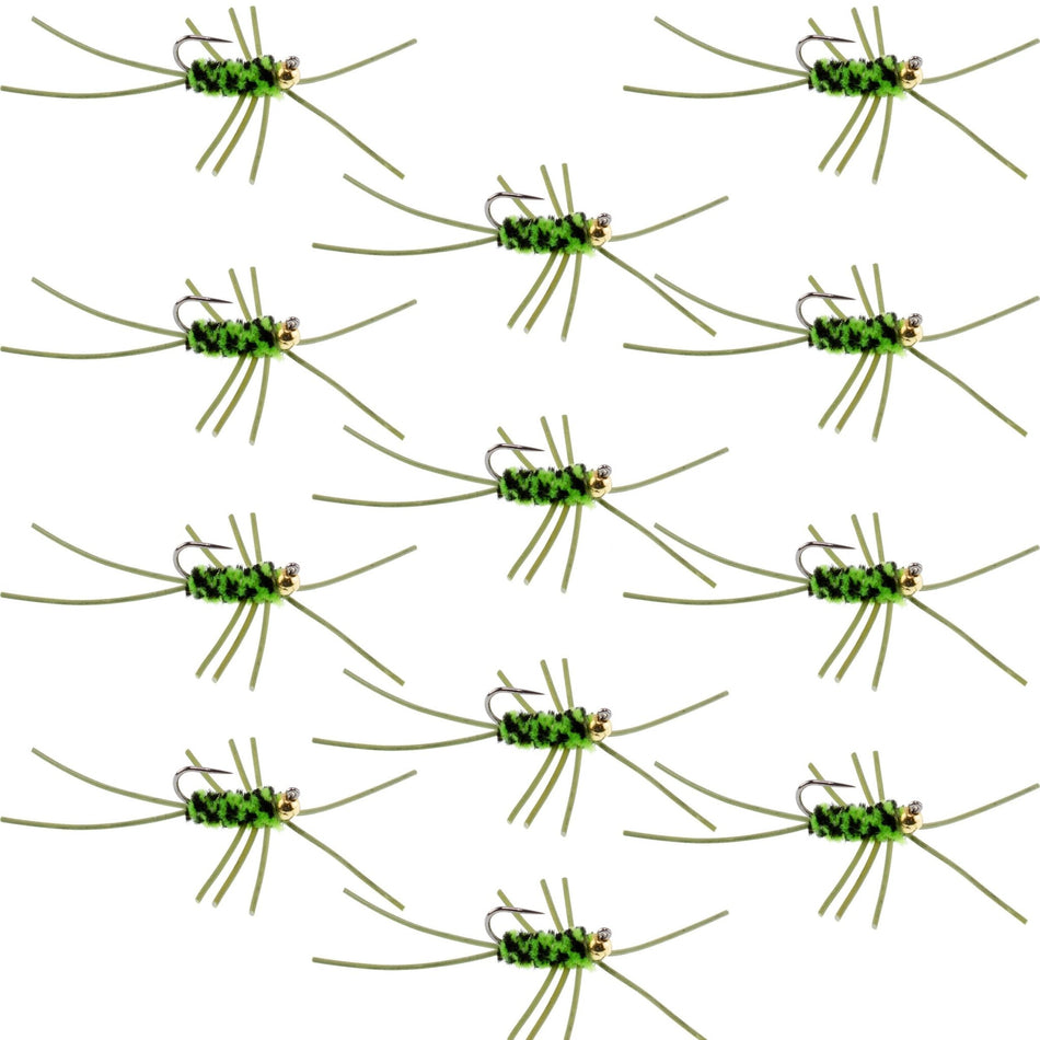 Barbless Pat's Rubber Legs Tungsten Bead Jigged Black/Chartreuse Euro Nymph - Set of 12 Flies Hook Size 10 - Get Tight Gear