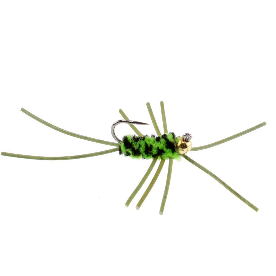 Barbless Pat's Rubber Legs Tungsten Bead Jigged Black/Chartreuse Euro Nymph - Set of 12 Flies Hook Size 10 - Get Tight Gear