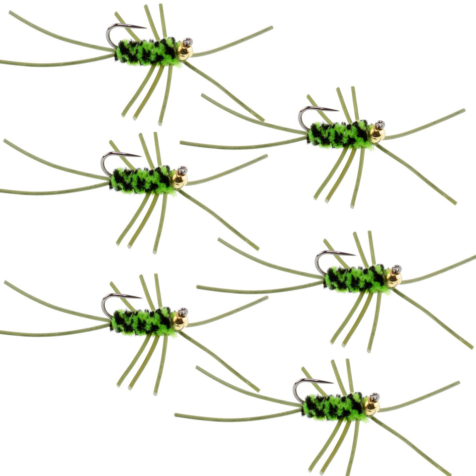 Barbless Pat's Rubber Legs Tungsten Bead Jigged Black/Chartreuse Euro Nymph - Set of 6 Flies Hook Size 10 - Get Tight Gear