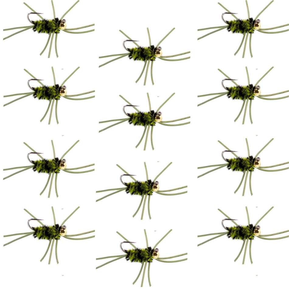 Barbless Pat's Rubber Legs Tungsten Bead Jigged Black/Olive Euro Nymph - Set of 12 Flies Hook Size 10 - Get Tight Gear