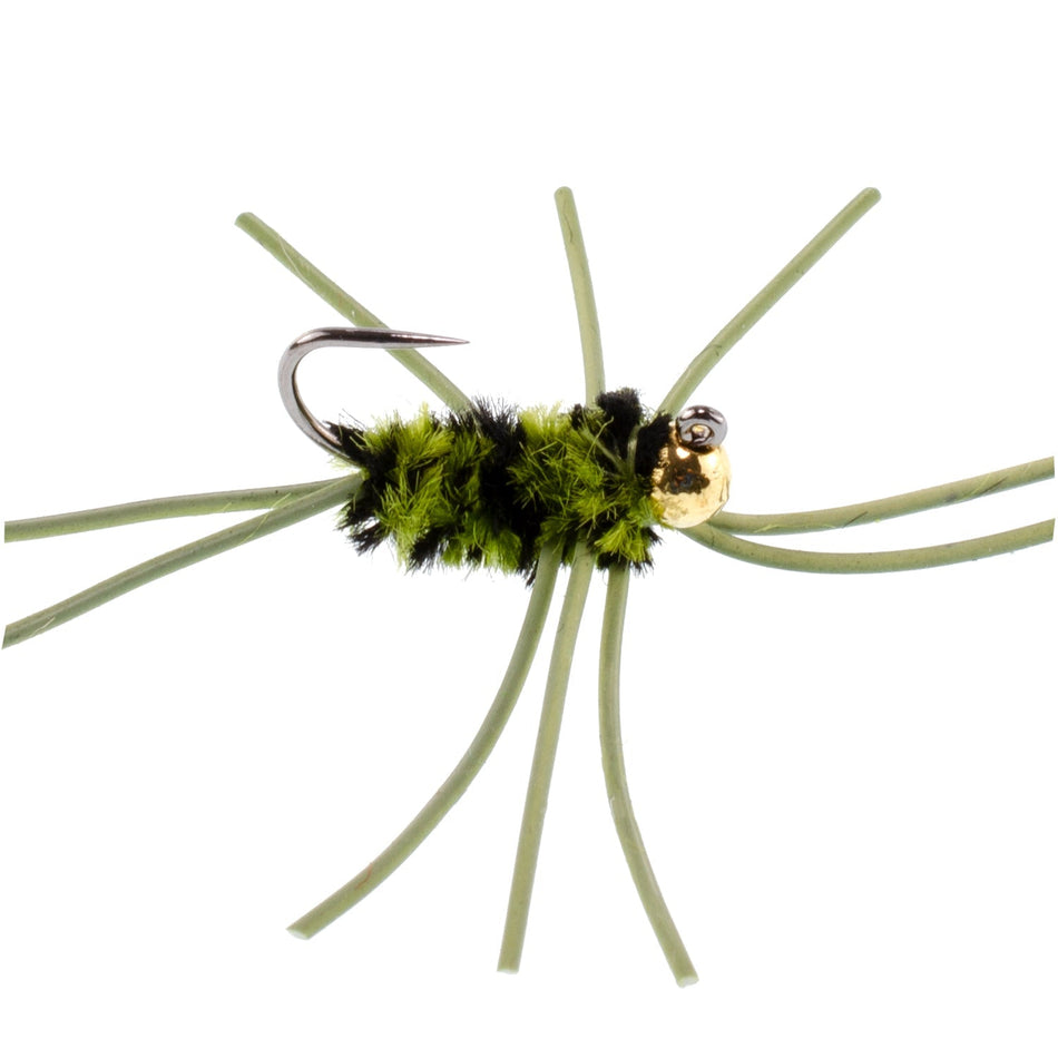 Barbless Pat's Rubber Legs Tungsten Bead Jigged Black/Olive Euro Nymph - Set of 12 Flies Hook Size 10 - Get Tight Gear