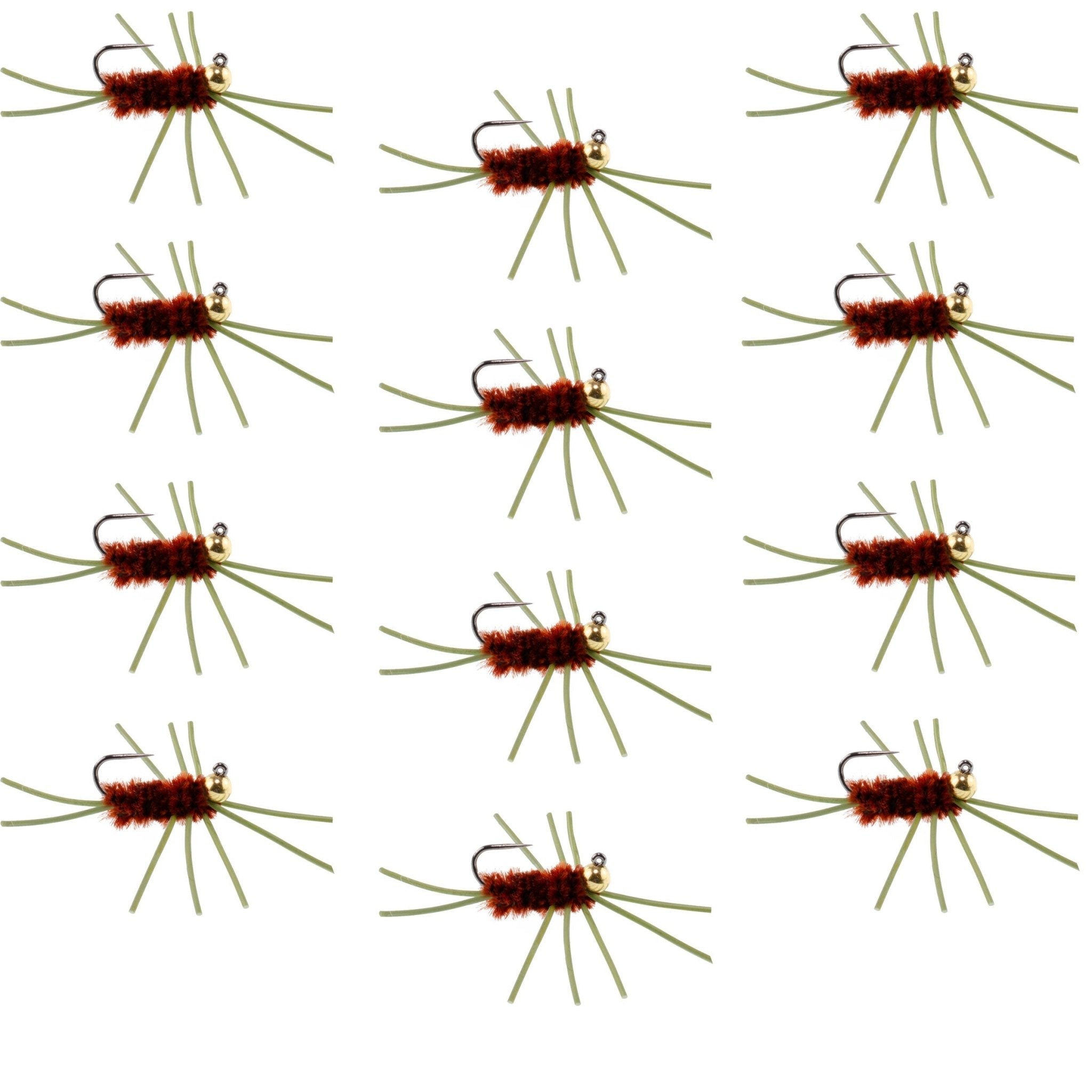 Barbless Pat's Rubber Legs Tungsten Bead Jigged Brown Euro Nymph - Set of 12 Flies Hook Size 10 - Get Tight Gear