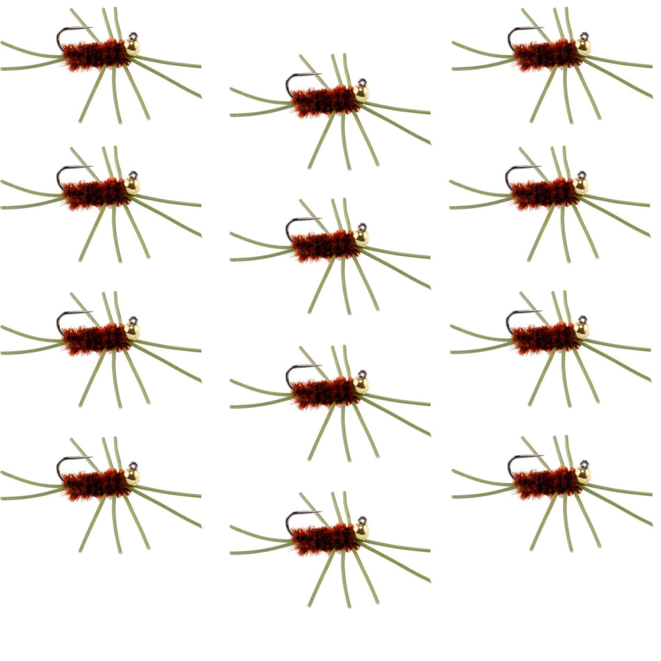 Barbless Pat's Rubber Legs Tungsten Bead Jigged Brown Euro Nymph - Set of 12 Flies Hook Size 10 - Get Tight Gear